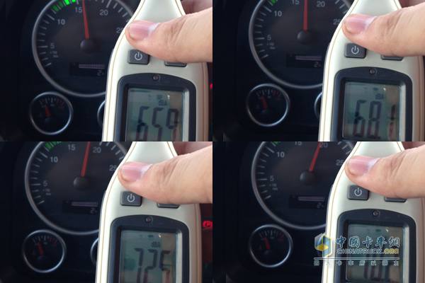 　　發(fā)動(dòng)機(jī)轉(zhuǎn)速分別在1600r/min、1700r/min、1800r/min、2000r/min時(shí)駕駛室內(nèi)部噪音