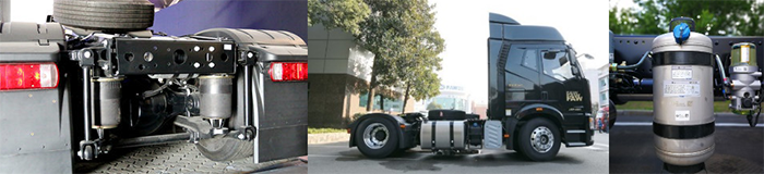 從左到右分別是:4氣囊超低鞍座、長軸距設計、氣驅尿素