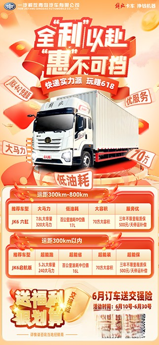 全“利”以赴,“惠”不可擋,6月訂JK6 4X2快遞版送交強(qiáng)險(xiǎn)